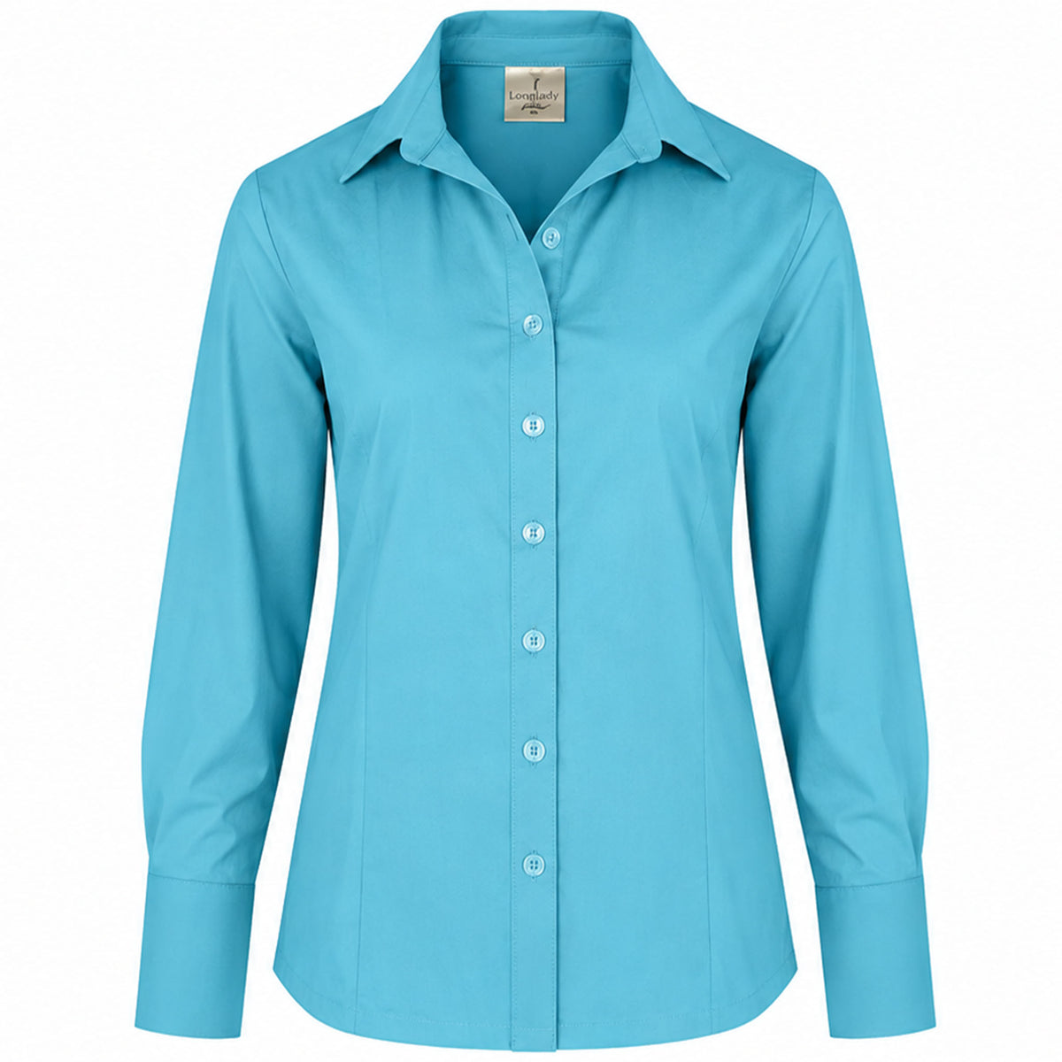 Longlady Blouse Dorande Aquablauw, tall kleding voor lange vrouwen voorzijde