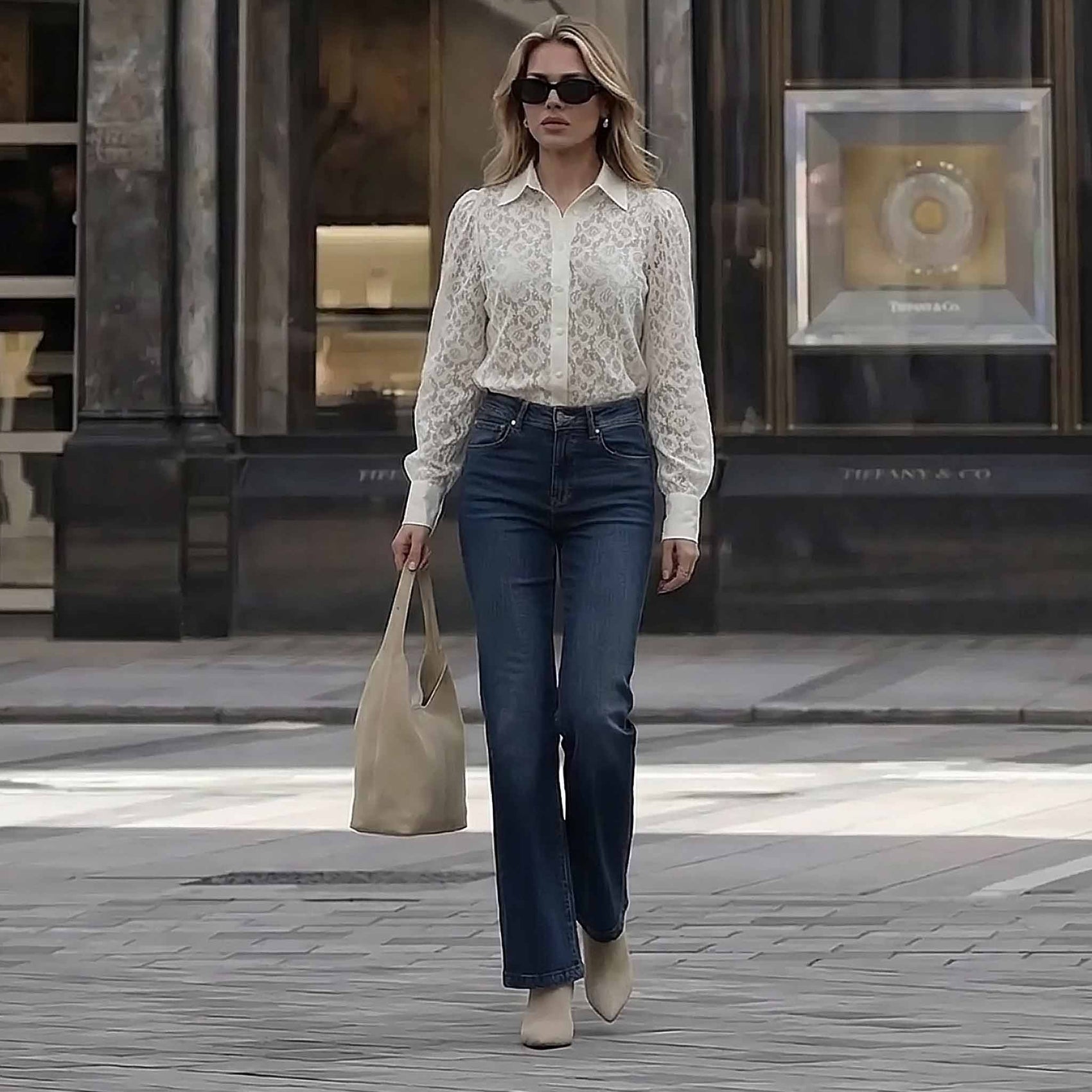 Only-M Blouse Kant Offwhite, tall kleding voor lange vrouwen