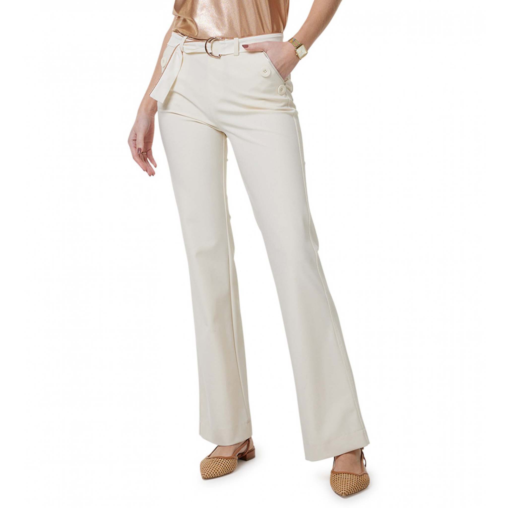 Zip73 Broek Flare Button Creme lange vrouwen tall