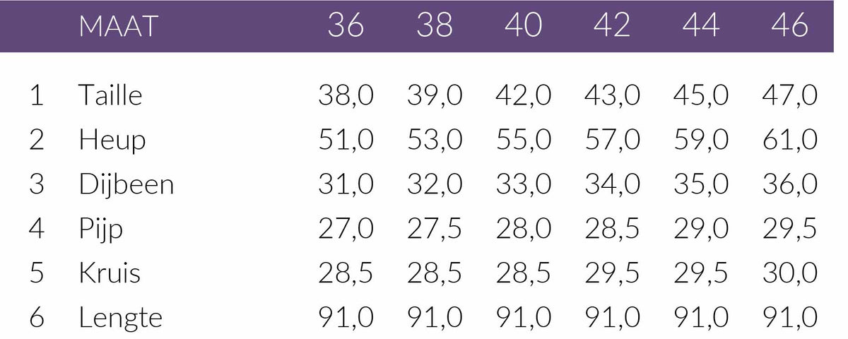 Maattabel Kimara Broek Lizzy | Tall