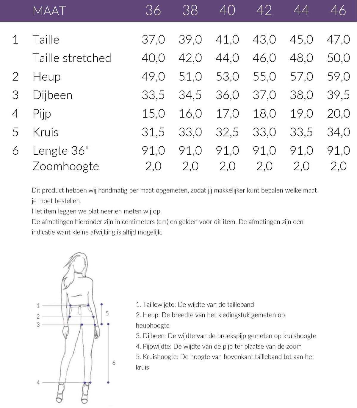 Maattabel Longlady Broek Aagje Barrel Tan | Tall