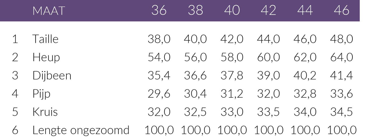 Maattabel Longlady Broek Becky Bordeaux | Tall