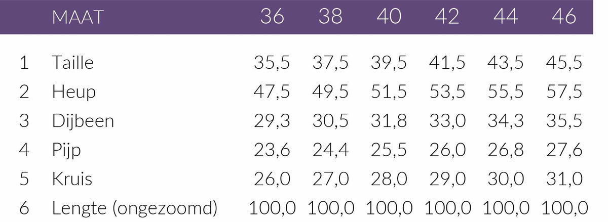 Maattabel LongLady Broek Byba Suedine Bordeaux | Tall