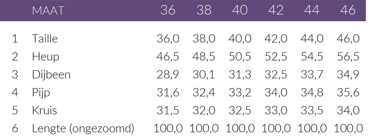 Maattabel LongLady Broek Nellien Palms | Tall