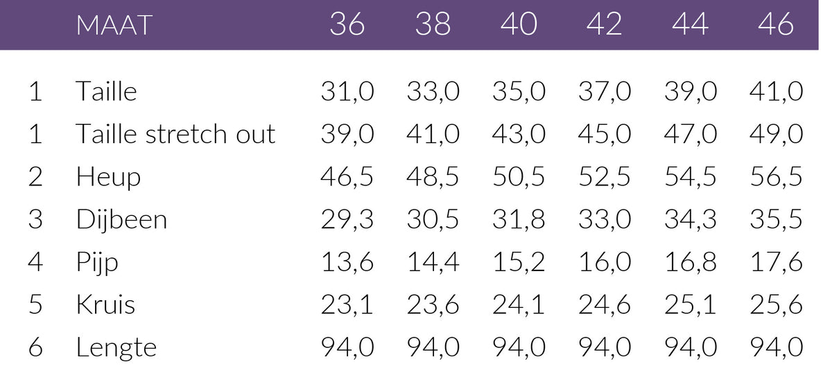 Maattabel LongLady Broek Nyna | Tall