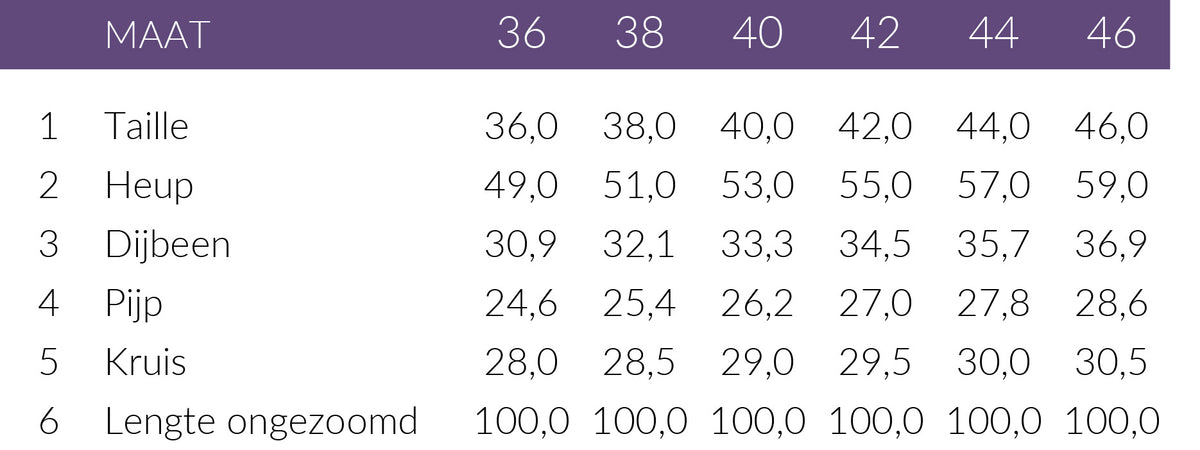 Maattabel LongLady Broek Nysa | Tall