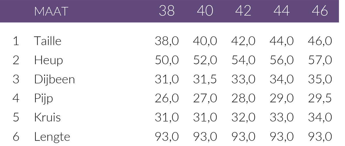 Maattabel Only-M Broek Wijd Laguna | Tall