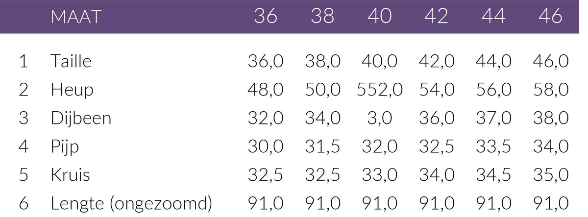 Maattabel Only-M Broek Sporty Wijd Choco | Tall