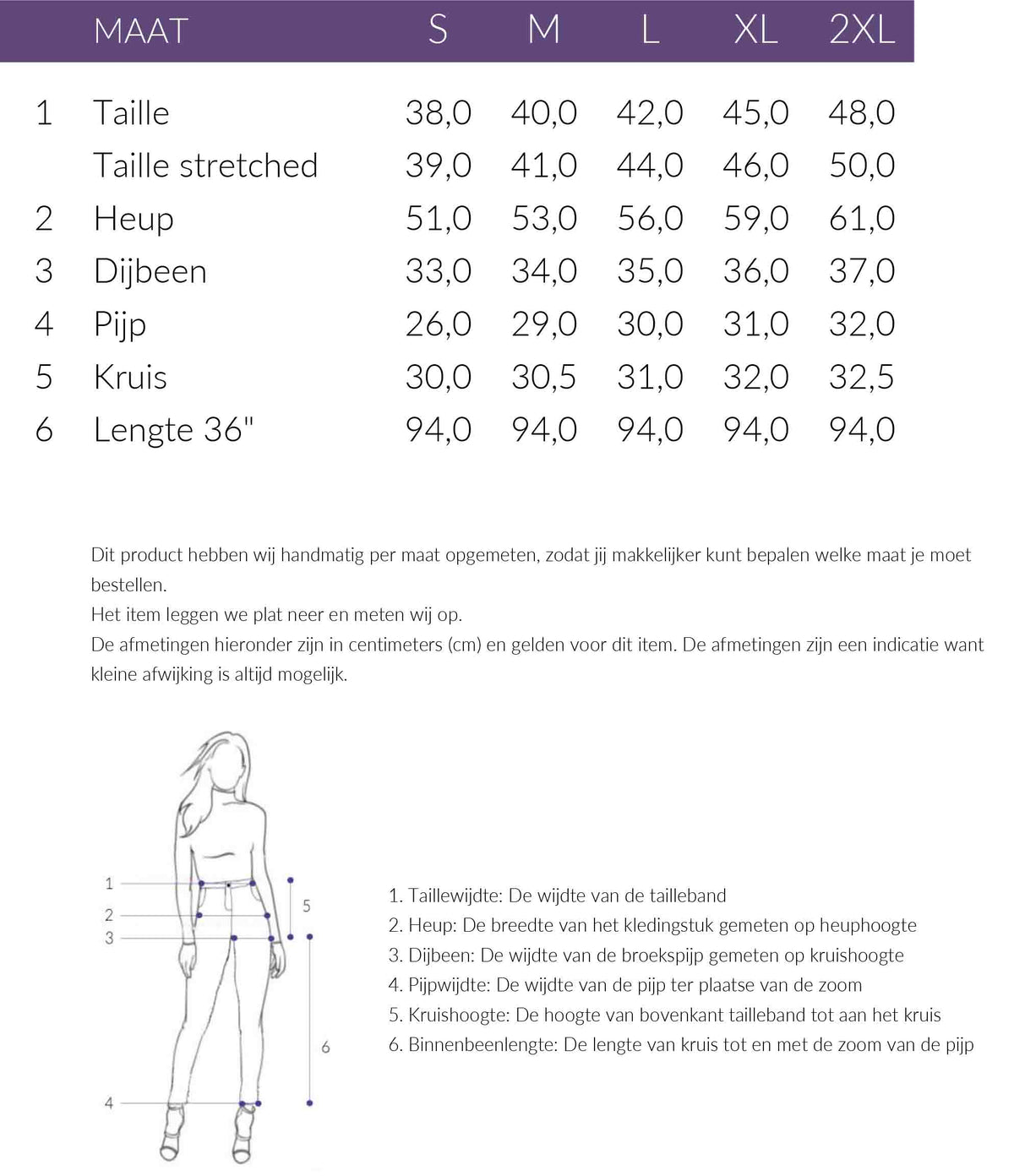 Maattabel Smashed Lemon Broek Lila | Tall