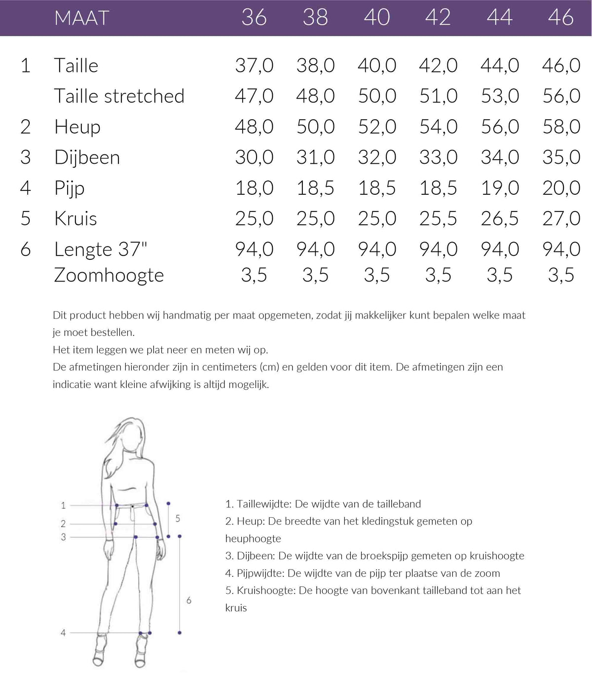 Maattabel Wonderjeans Broek Jenny French Camel | Tall