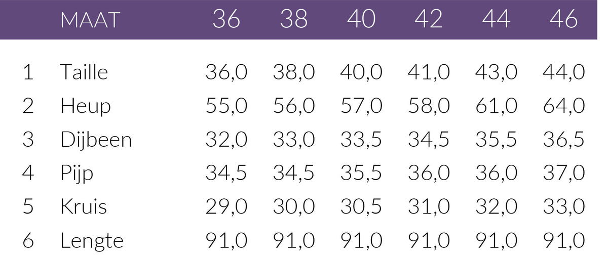 Maattabel XOX Broek Wijd Print | Tall