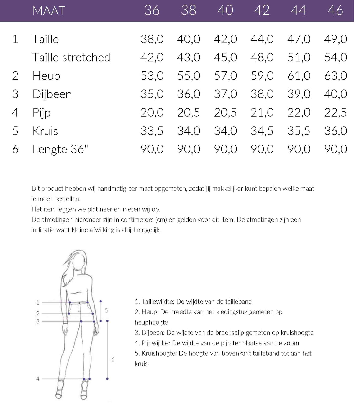 Maattabel ZiZo Broek Picos Donkerbruin | Tall