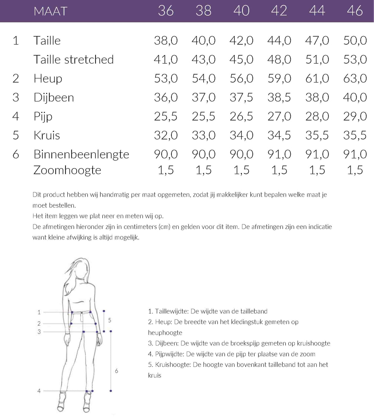 Maattabel ZiZo Broek Imola Zwart | Tall