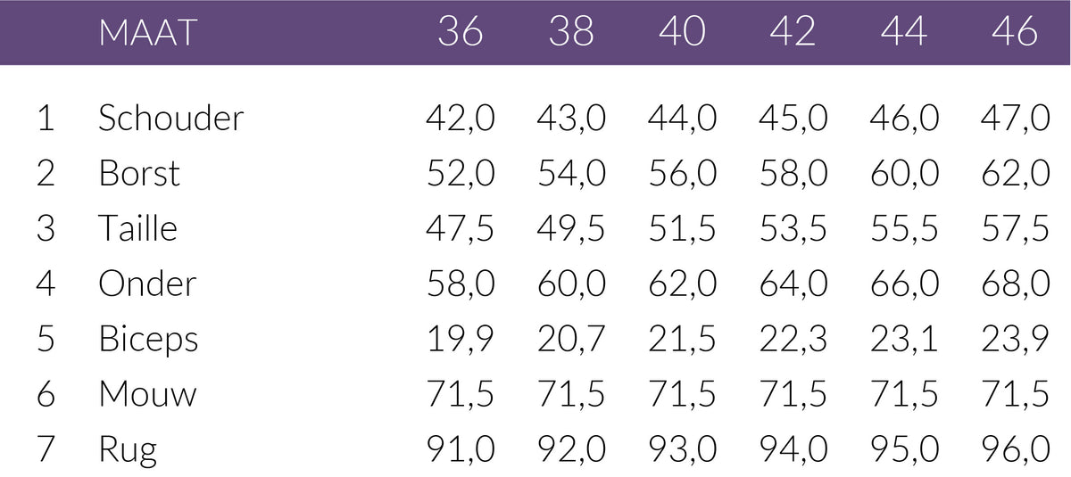 Maattabel Longlady Jas Christianne Offwhite | Tall