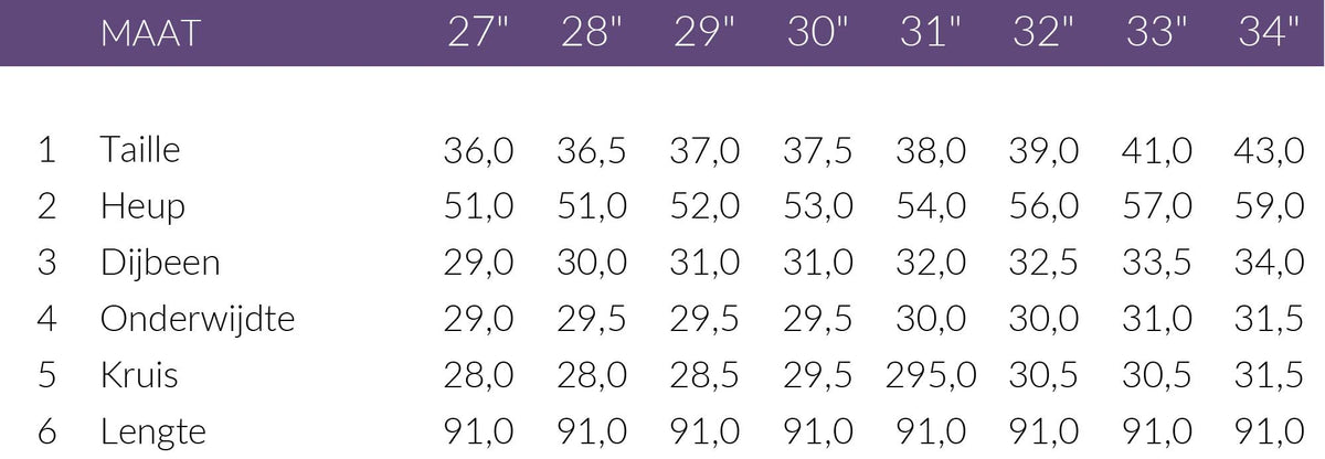 Maattabel DNM Pure Holly Zwart | Tall