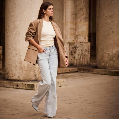 Tall Mac Jeans Rich Palazzo Bleached Japan voor lange benen voorzijde style foto model