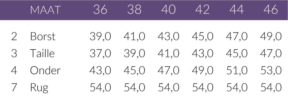 Maattabel Longlady Bandeau top Tanda Lila | Tall