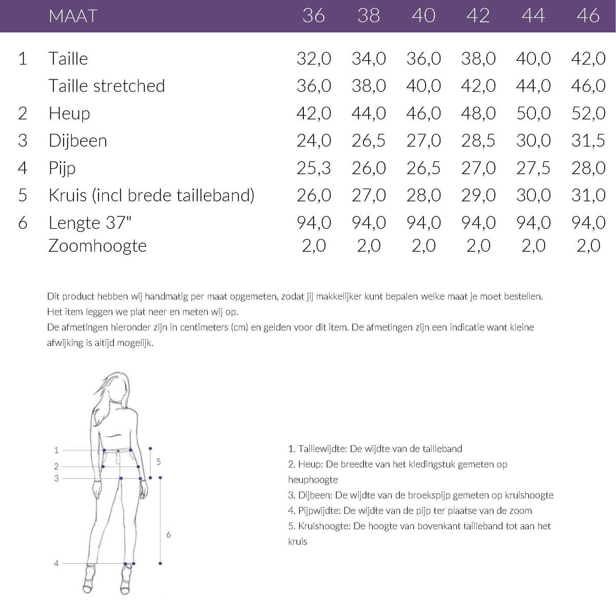 Maattabel LongLady Sport Leggings Sjors Cotton | Tall